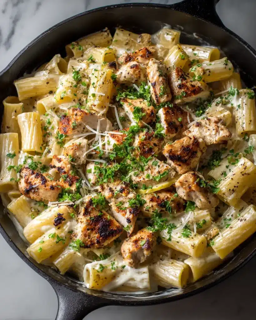 Creamy rigatoni pasta with lemon garlic chicken bites in a black skillet