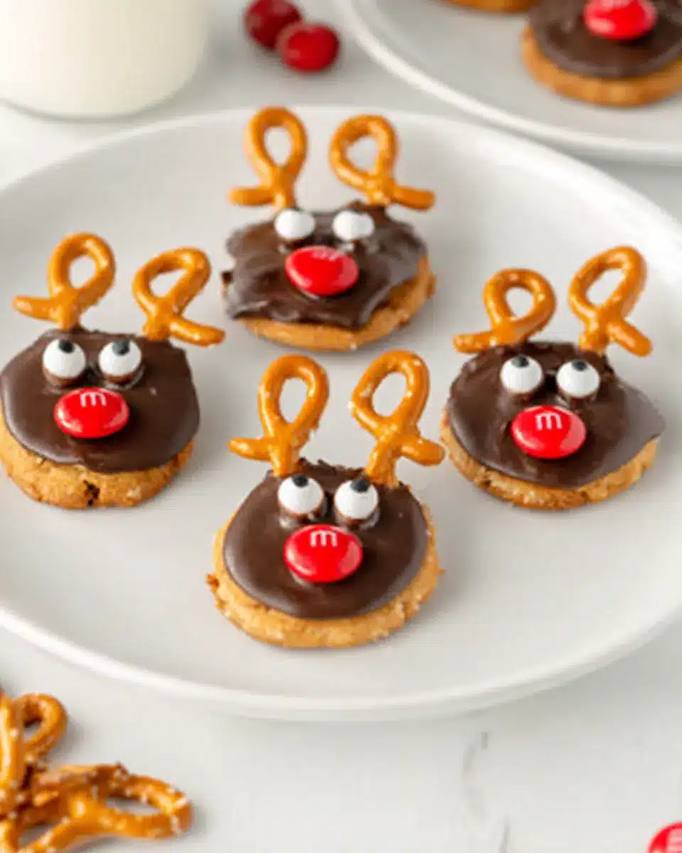 Cute Reindeer Nutter Butter cookies with chocolate, pretzels, and red M&M noses