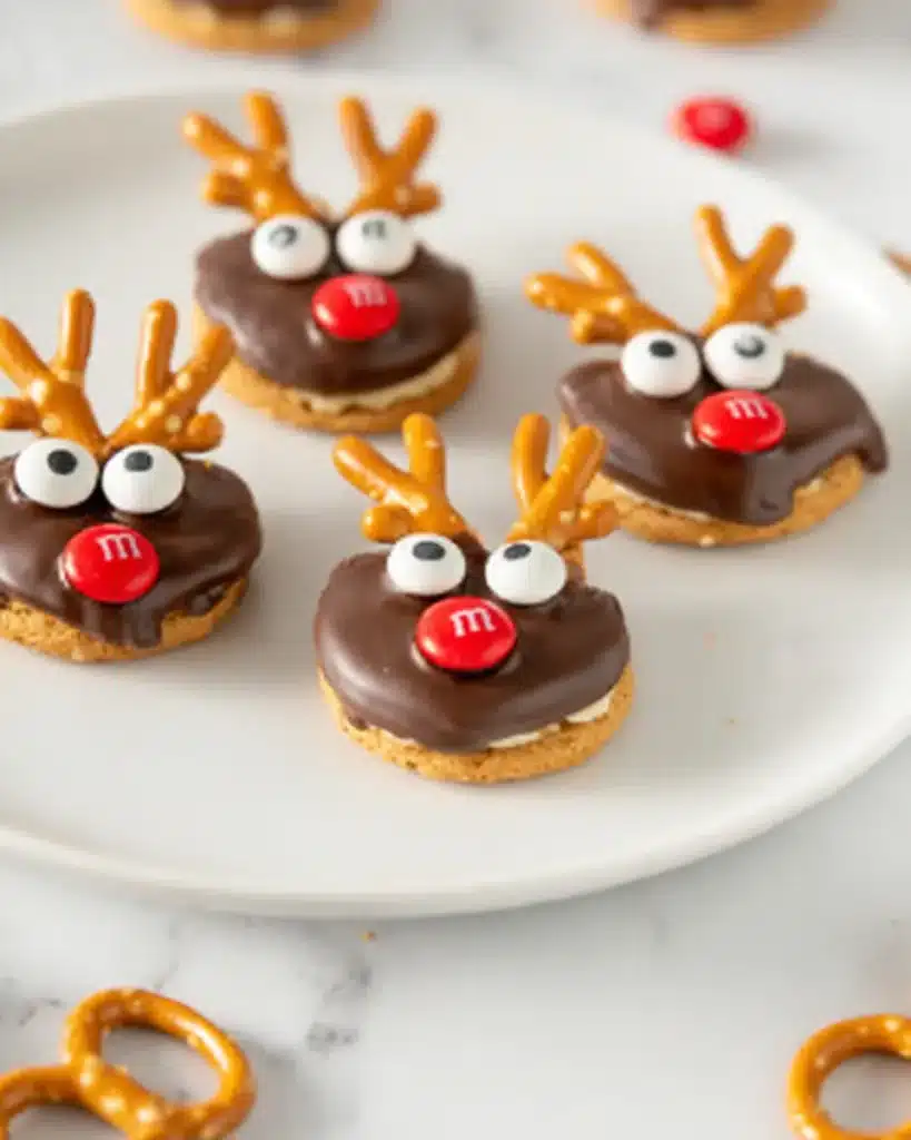 Chocolate-dipped Adorable Reindeer Nutter Butters Everyone Will Love with pretzel antlers and red M&M noses.