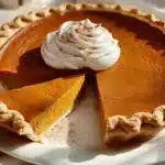 Homemade pumpkin pie with flaky crust and whipped cream topping, perfect for fall desserts