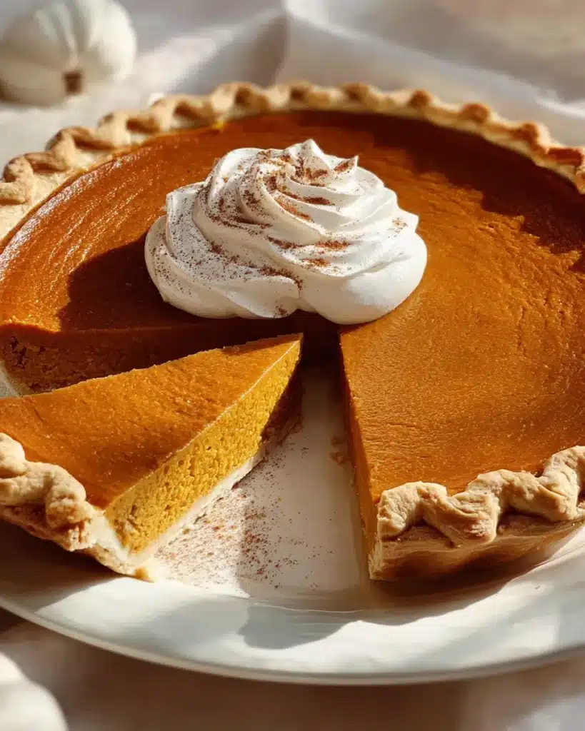 Whole homemade pumpkin pie with a whipped cream topping and one slice cut out