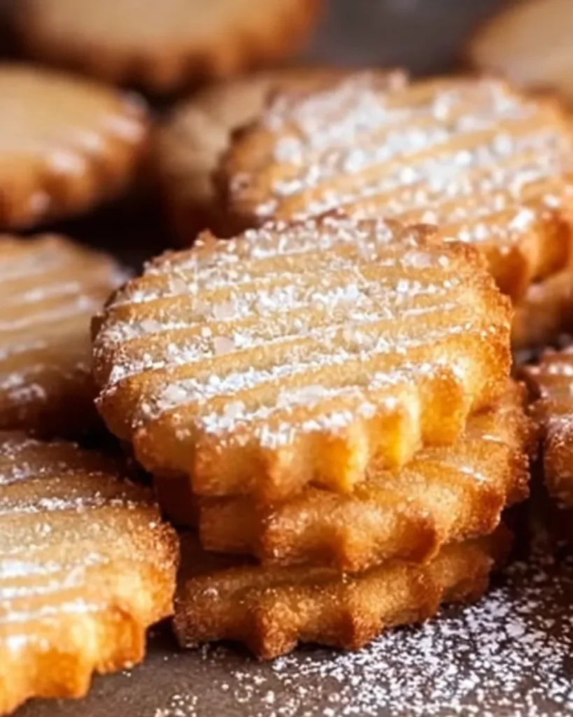 Stacked golden French salted butter cookies dusted with powdered sugar