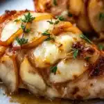 Juicy chicken breast stuffed with Brie cheese and sliced apples, garnished with thyme.