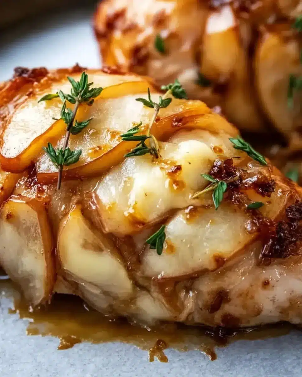 Juicy chicken breast stuffed with Brie cheese and sliced apples, garnished with thyme.