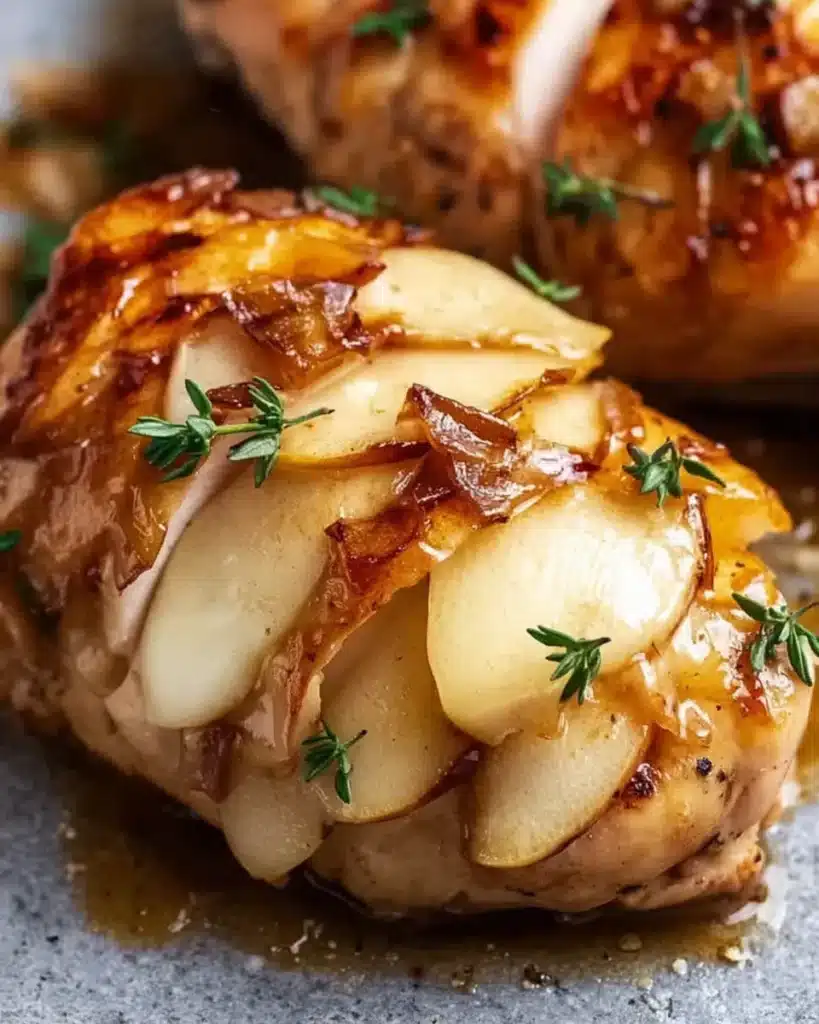 Stuffed chicken breast topped with caramelized onions, sliced apples, and fresh thyme.