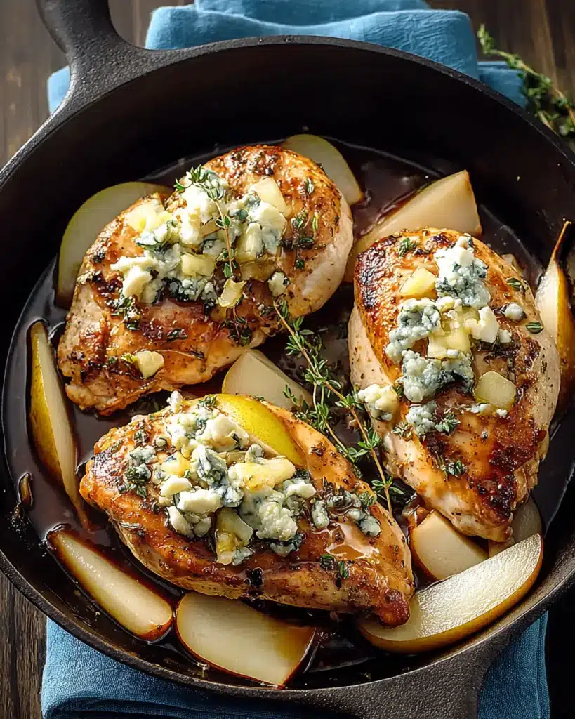 Baked chicken breasts with pear and Gorgonzola stuffing in a skillet with thyme.