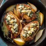 Pear and Gorgonzola stuffed chicken breasts in skillet with seared crust and fresh thyme.