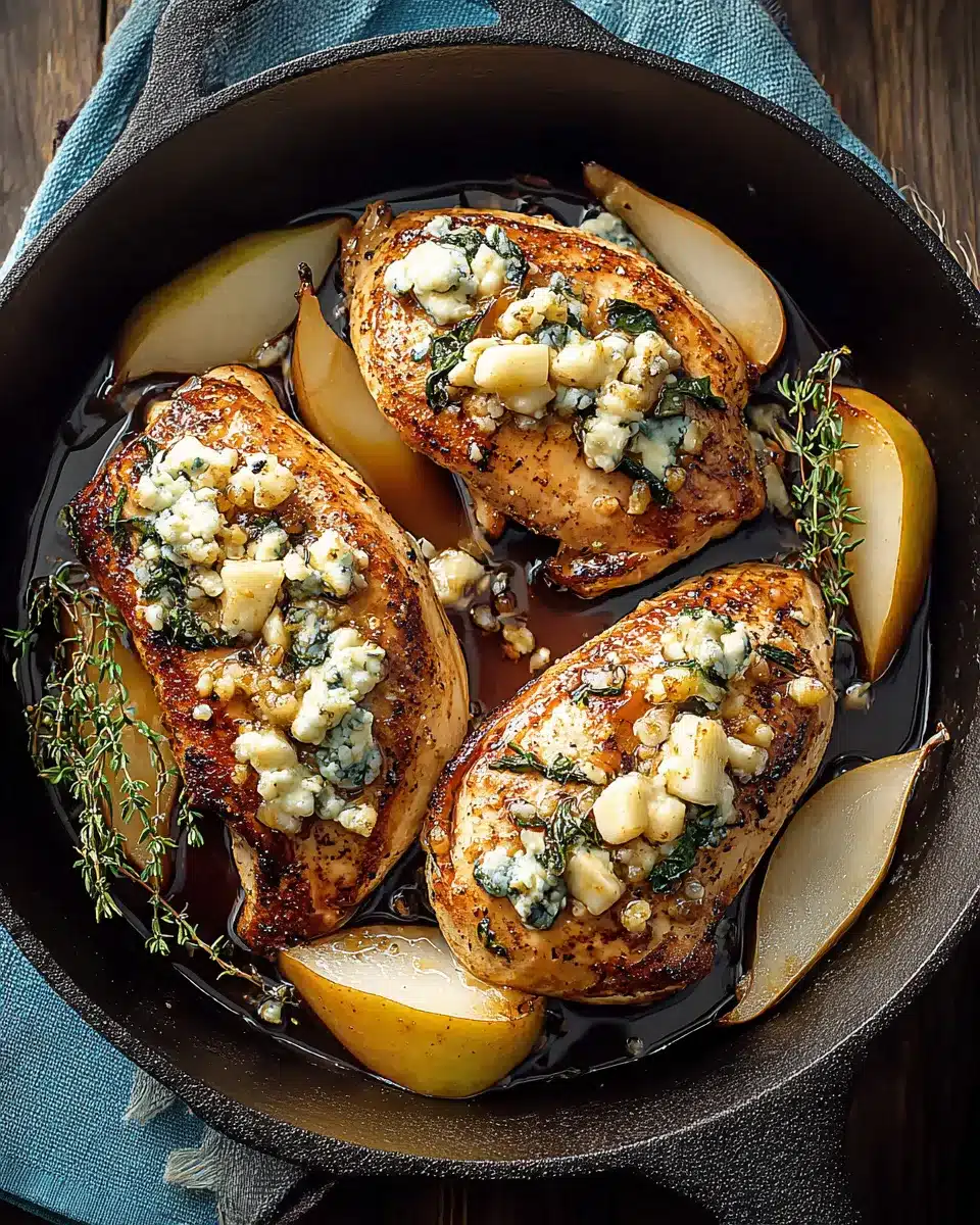 Pear and Gorgonzola stuffed chicken breasts in skillet with seared crust and fresh thyme.
