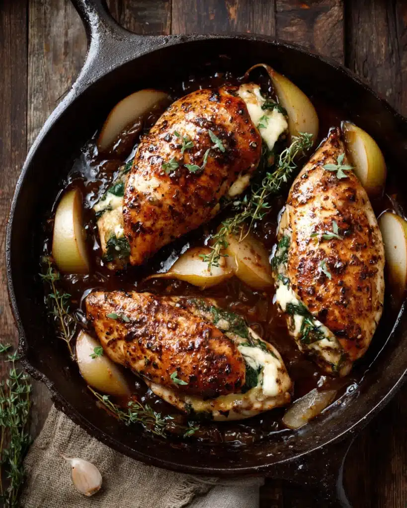 Seared chicken breasts stuffed with pear, spinach, and cheese in cast-iron skillet.
