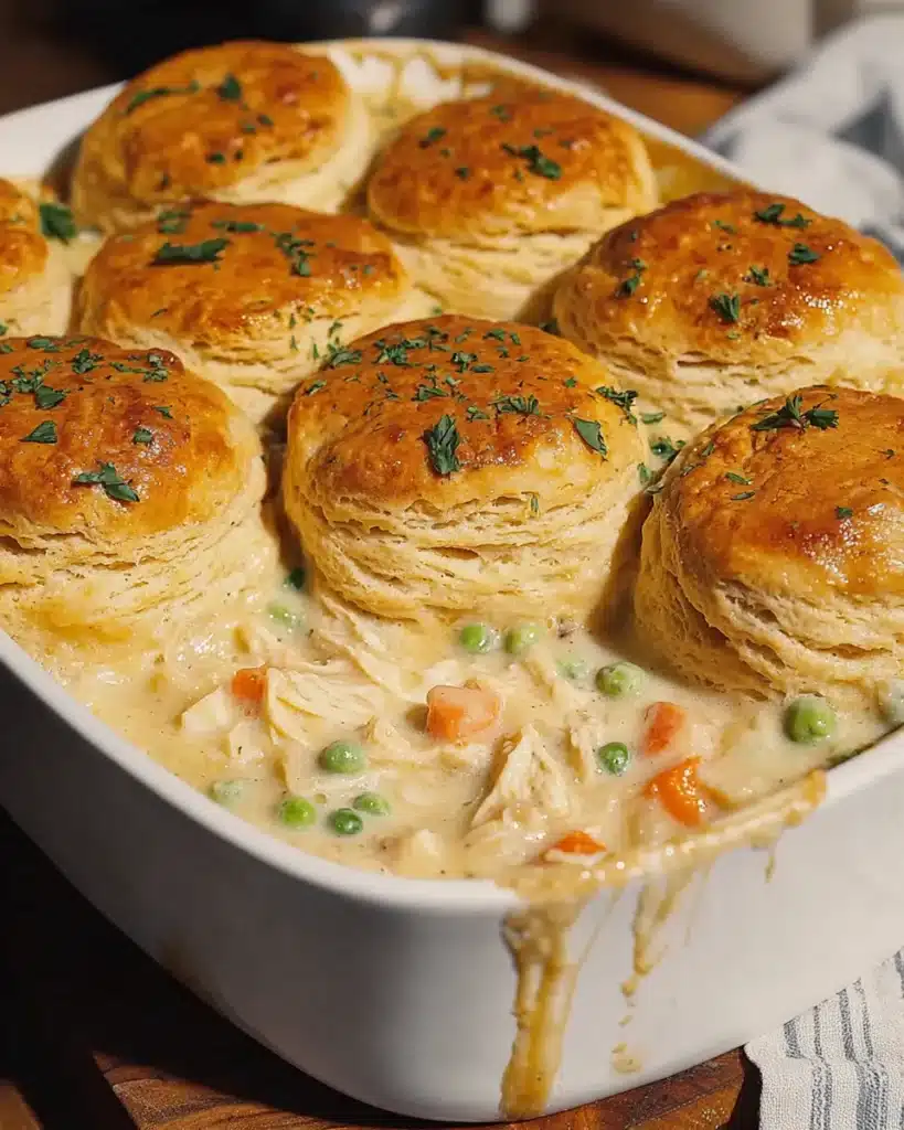 Close-up of creamy chicken pot pie casserole with golden biscuit topping