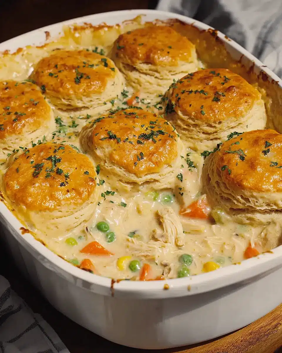 Golden biscuit-topped homemade chicken pot pie casserole with creamy filling
