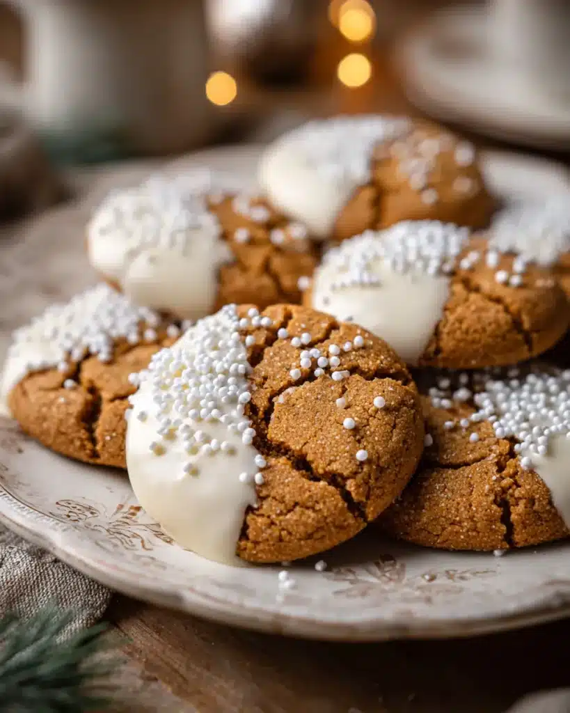 Golden brown maple cookies dipped in white chocolate with festive sprinkles.