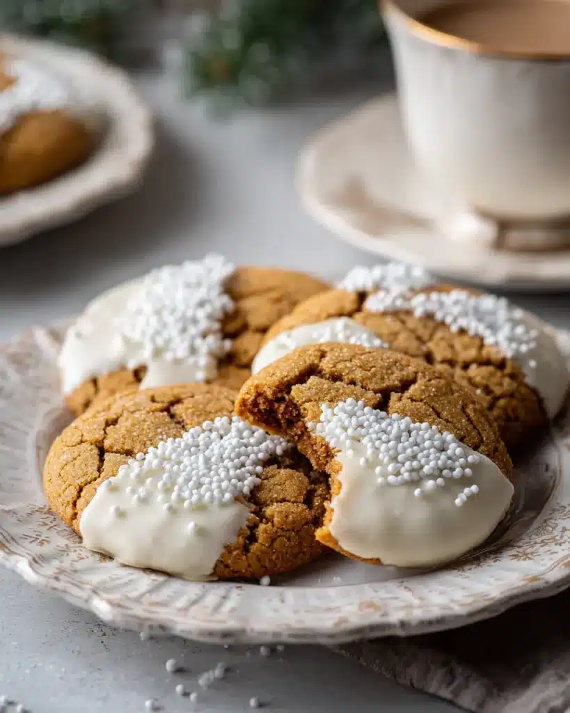 Soft maple cookies dipped in white chocolate with sprinkles and a bite showing gooey center.