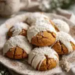 White chocolate dipped chewy maple cookies with festive sprinkles on a holiday plate.
