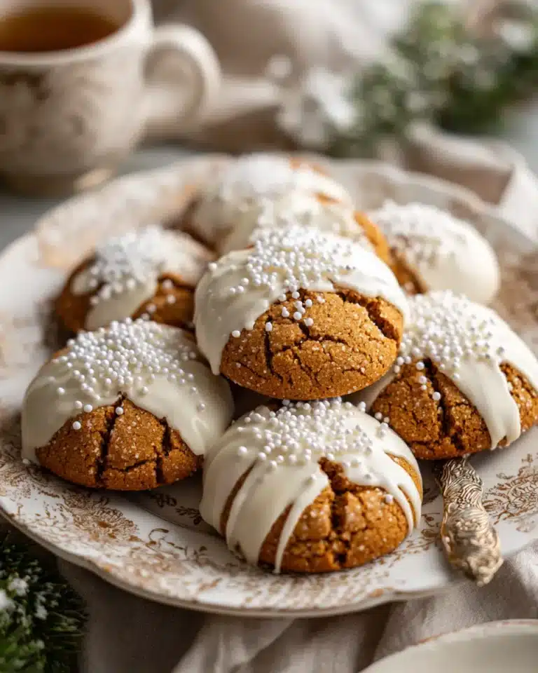 White chocolate dipped chewy maple cookies with festive sprinkles on a holiday plate.