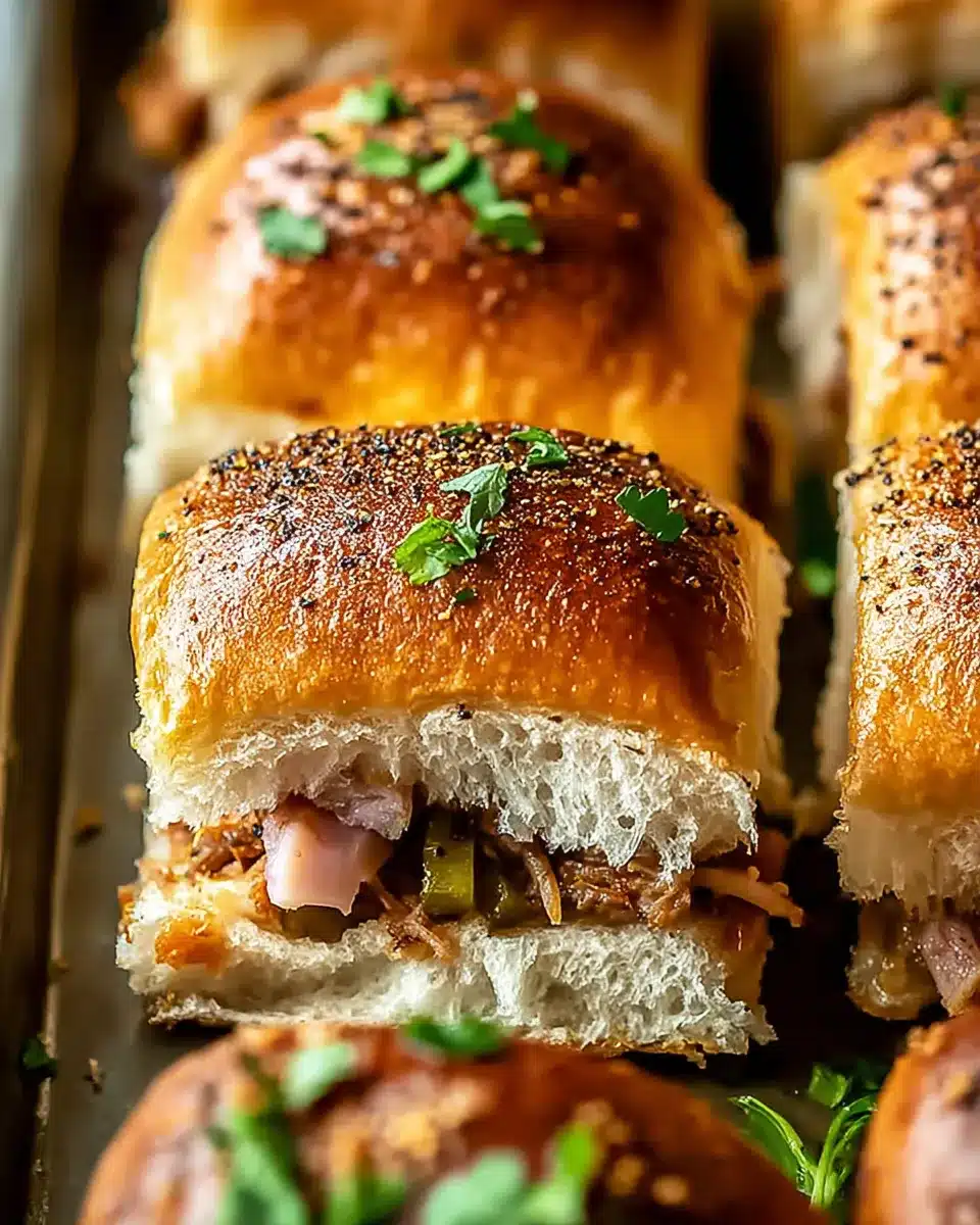 Mini Cuban slider with pulled pork, ham, pickles, and Swiss on a golden Hawaiian roll