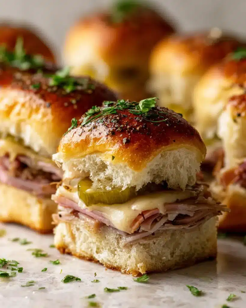 Easy Mini Cuban Sliders with Hawaiian Rolls – stacked Cuban sliders layered with ham, Swiss cheese, and pickles on a glossy Hawaiian roll.