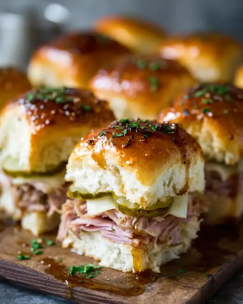 Pulled pork Cuban slider with ham, pickles, Swiss, and sweet glaze on Hawaiian roll