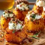 Crispy butternut squash bites topped with feta and hot honey drizzle on a wooden board