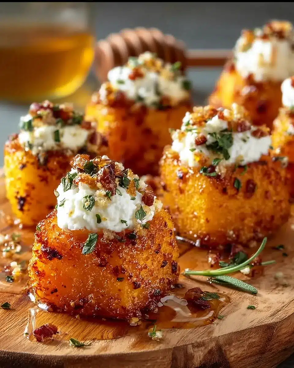 Crispy butternut squash bites topped with feta and hot honey drizzle on a wooden board
