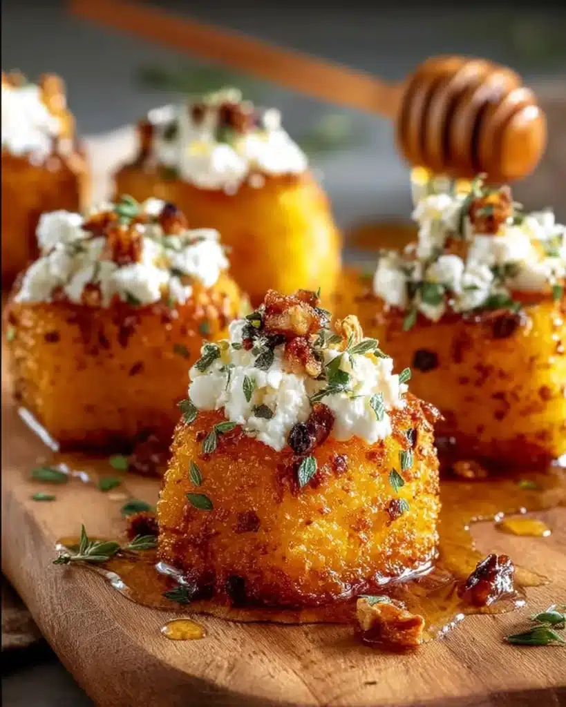 Crispy butternut squash cubes with feta and hot honey drizzle on wood board