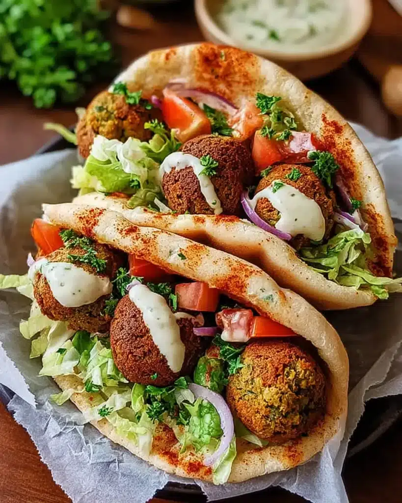 Air fryer falafel stuffed in pita with lettuce, tomatoes, onions, and tahini sauce.