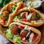 Air fryer falafel wraps with lettuce, tomato, onion, and tahini sauce in pita bread.