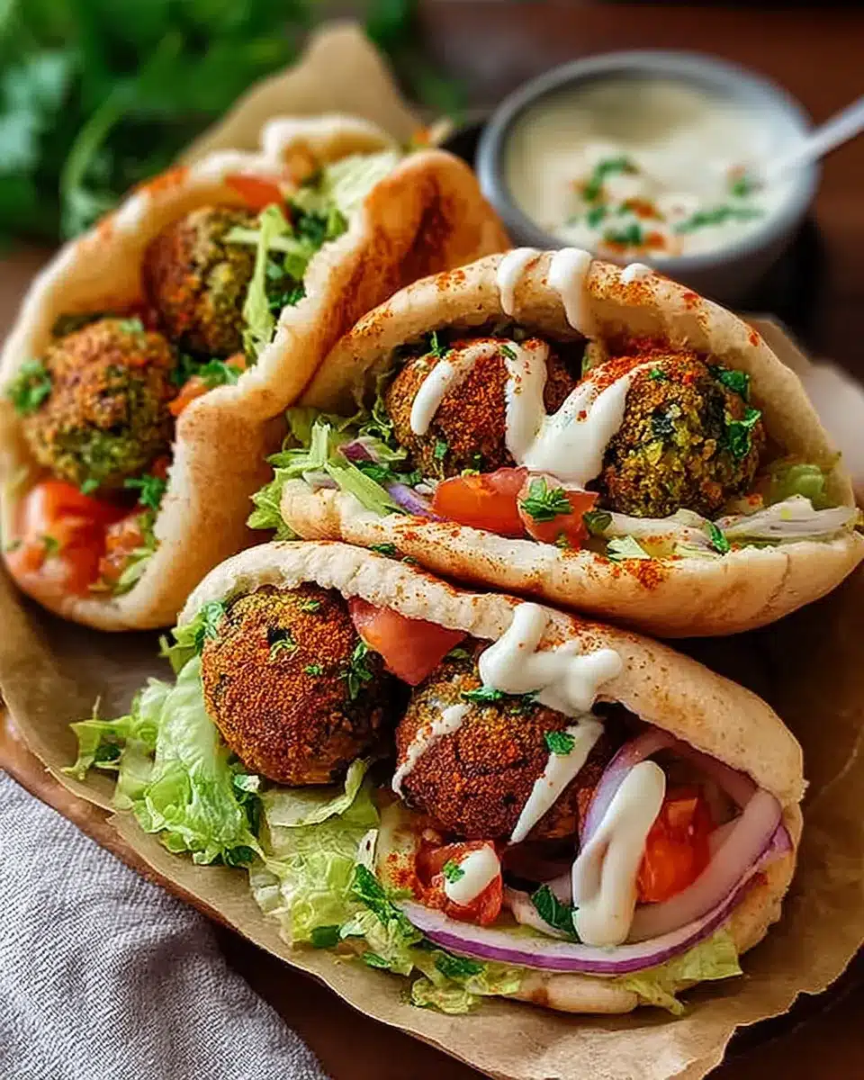 Air fryer falafel wraps with lettuce, tomato, onion, and tahini sauce in pita bread.