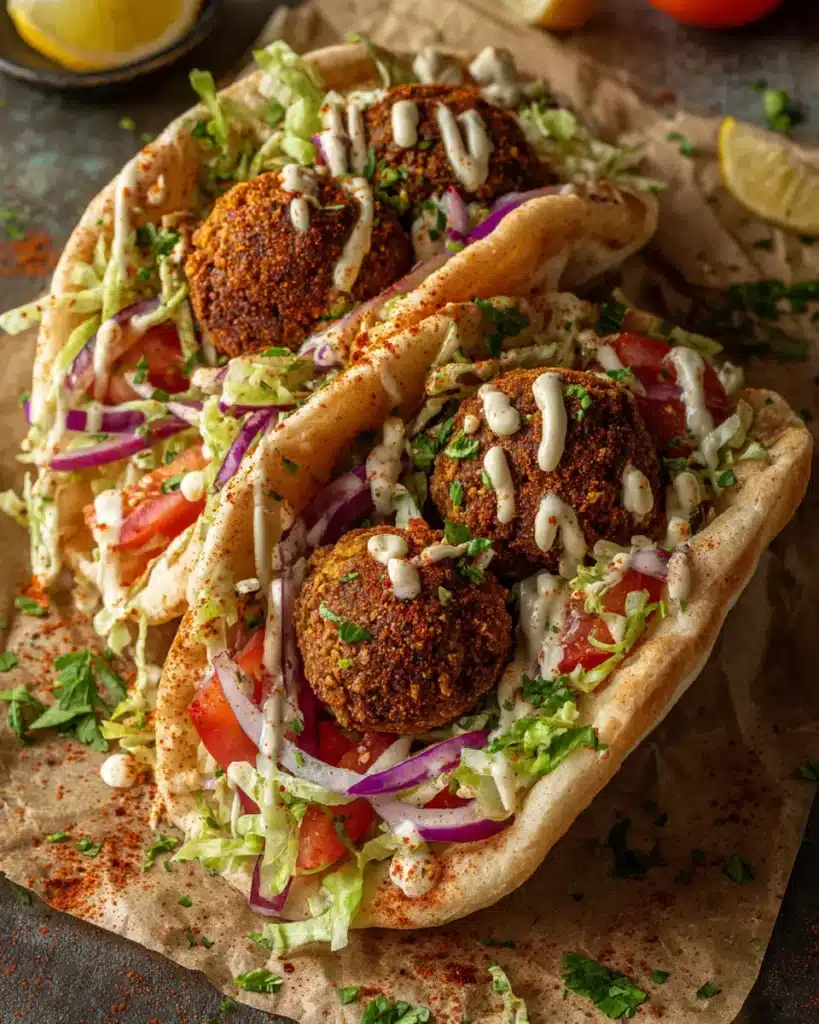Serve hot using this Air Fryer Falafel Recipe in pita with lettuce, onions, tomatoes, and a tahini drizzle.