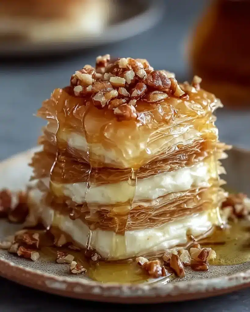 Baklava Cheesecake Phyllo Cookies are a stacked phyllo cheesecake dessert drizzled with honey and chopped walnuts.