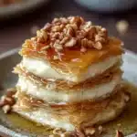 Honey-drizzled baklava cheesecake phyllo stack topped with chopped walnuts
