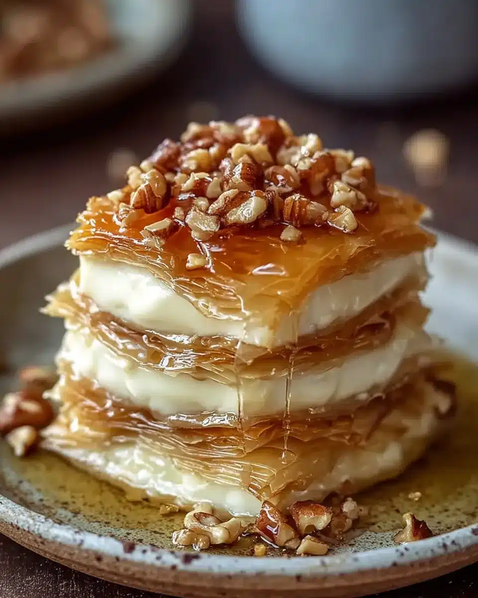 Honey-drizzled baklava cheesecake phyllo stack topped with chopped walnuts