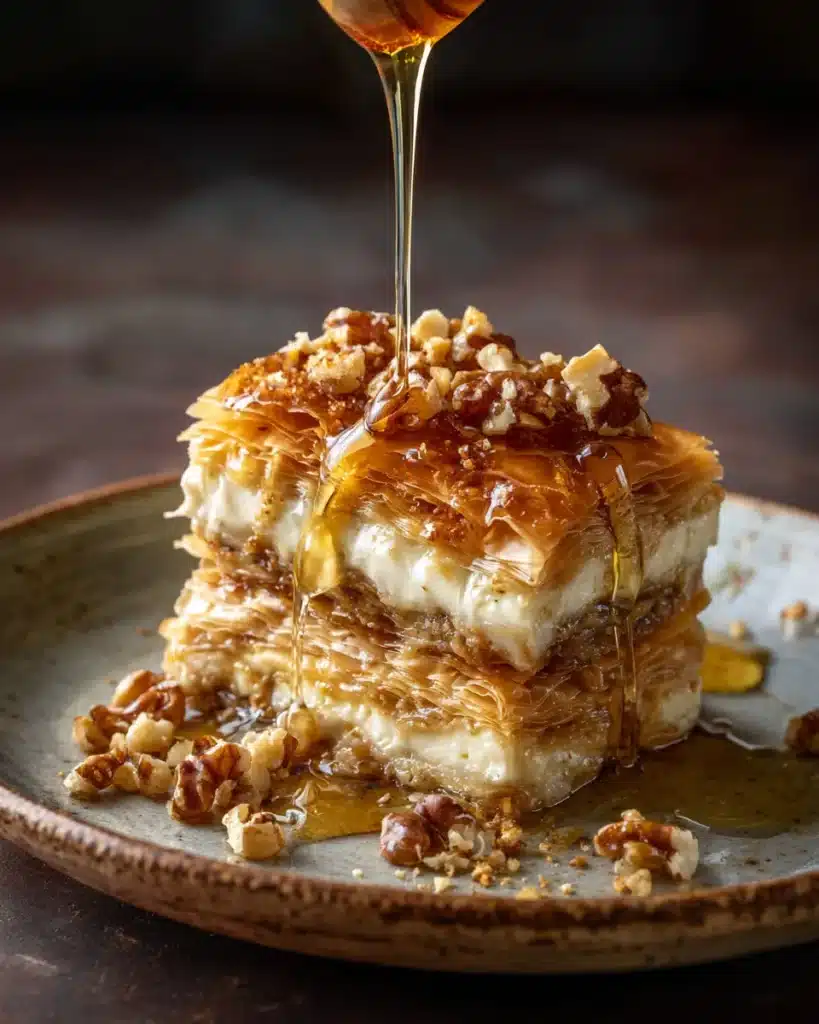 Honey being drizzled over layered phyllo cheesecake with chopped walnuts