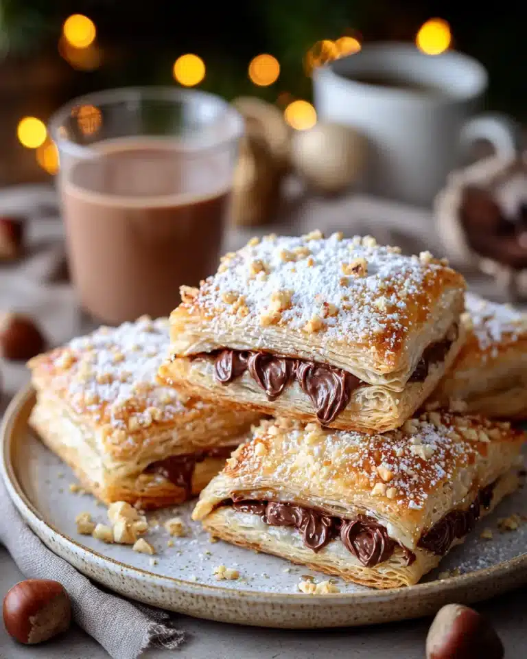 Flaky Christmas Nutella puff pastries dusted with powdered sugar and filled with rich chocolate hazelnut spread.