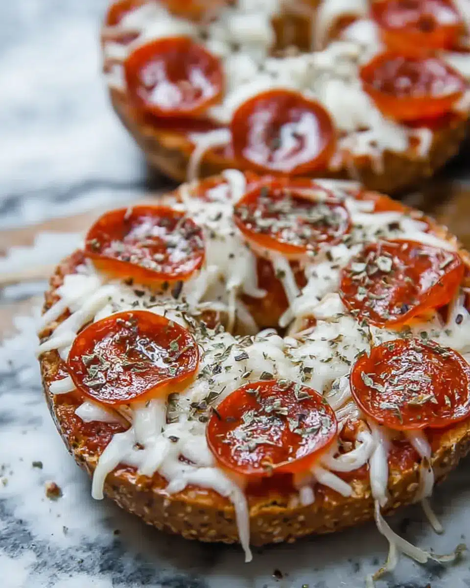 High protein pizza bagel with turkey pepperoni and melted mozzarella