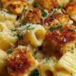 Extreme close-up of lemon garlic chicken bites on rigatoni with grated Parmesan
