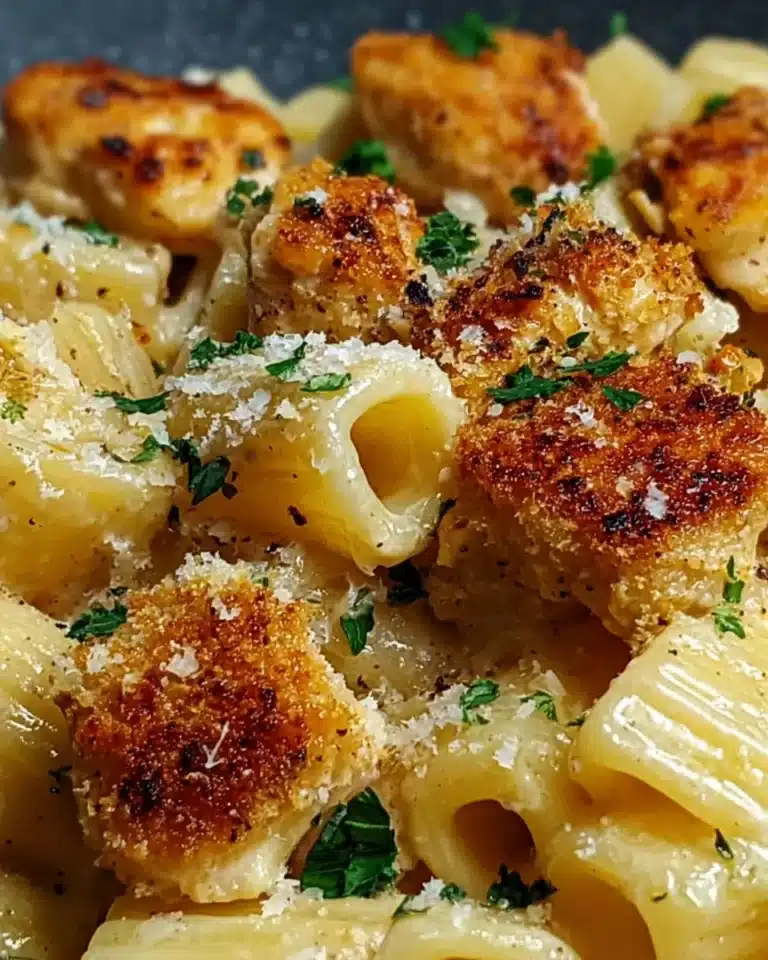 Extreme close-up of lemon garlic chicken bites on rigatoni with grated Parmesan