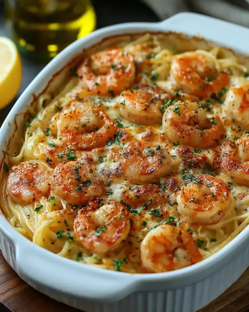 Garlic butter shrimp pasta bake with golden crust and creamy sauce