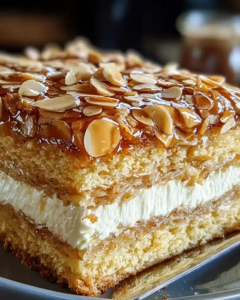 Close-up of German Bee Sting Cake with creamy filling and honey almond topping