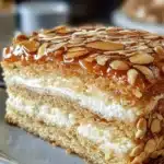Authentic German Bee Sting Cake slice with honey almond topping and vanilla cream filling