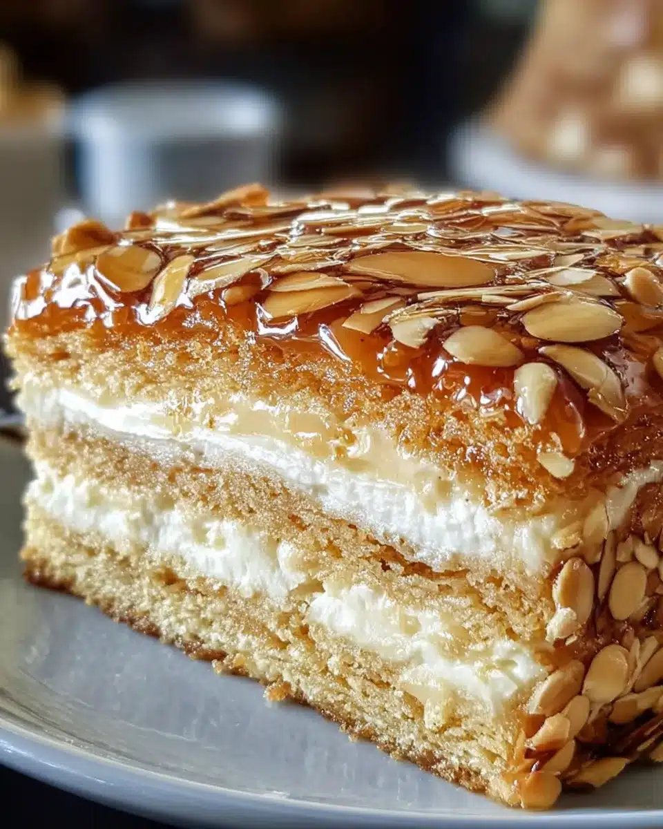 Authentic German Bee Sting Cake slice with honey almond topping and vanilla cream filling
