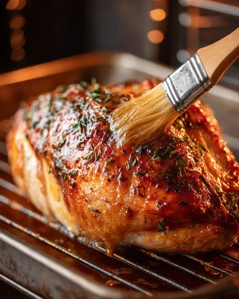 Holiday turkey breast with cranberry orange glaze, garnished with thyme and orange slices.