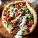 Grilled chicken shawarma wrap with creamy garlic sauce and fresh vegetables.