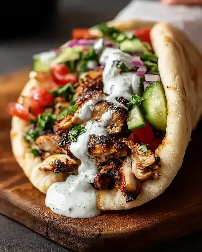 Chicken Shawarma with Garlic Sauce Recipe: Charred chicken shawarma wrapped in warm pita, layered with creamy garlic sauce and loaded with fresh vegetables.