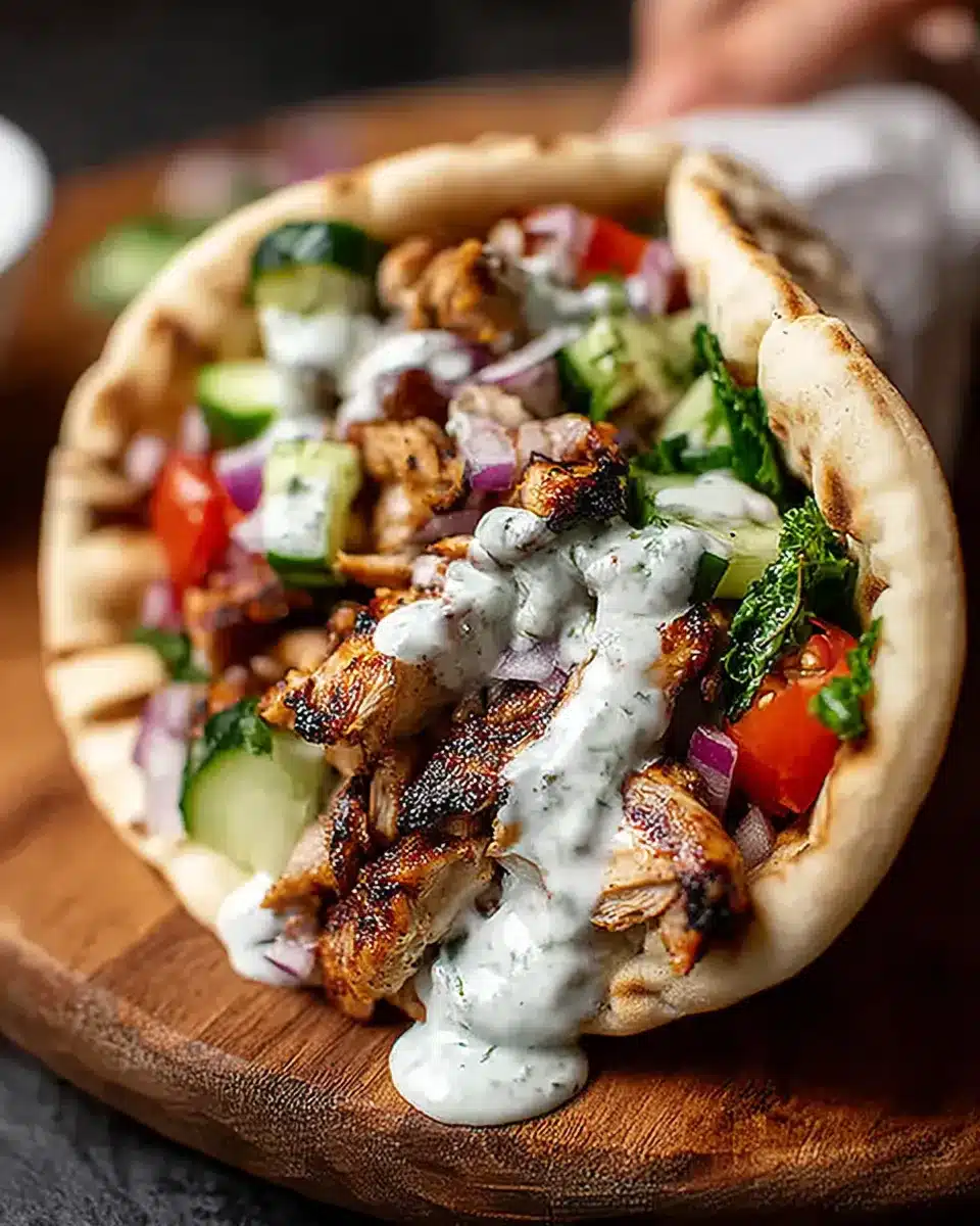 Grilled chicken shawarma wrap with creamy garlic sauce and fresh vegetables.