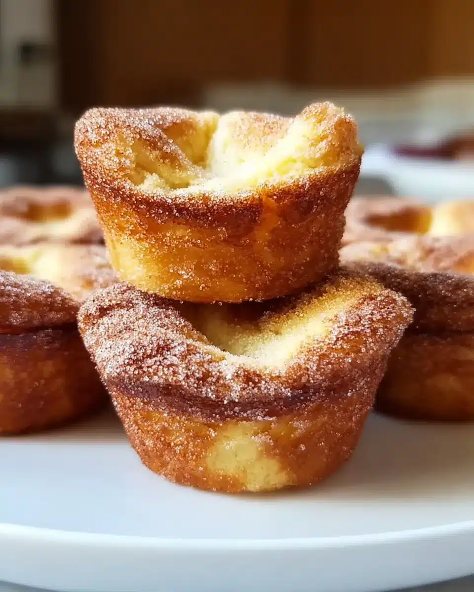 Golden cinnamon sugar French toast muffins stacked on a white plate.