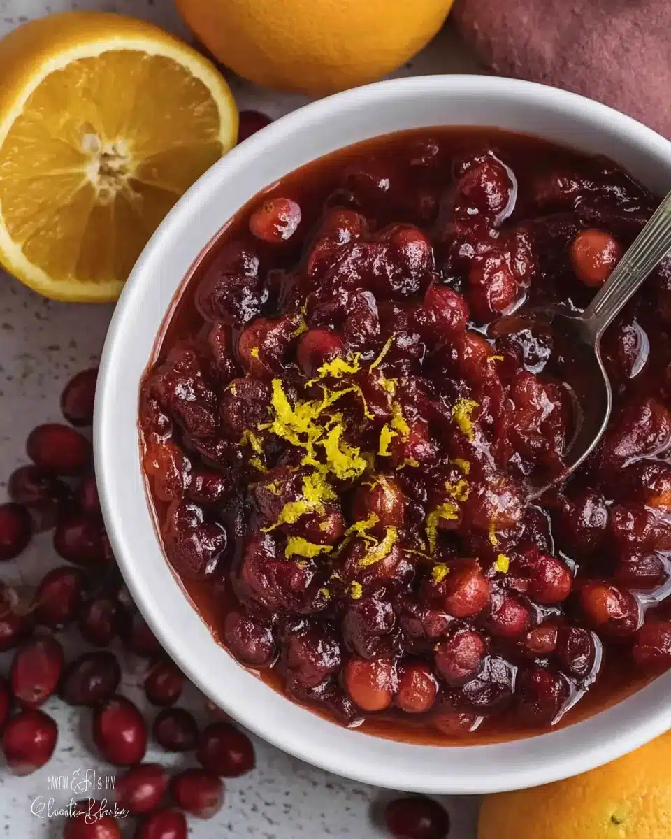 Fresh cranberry orange sauce in white bowl with zest garnish