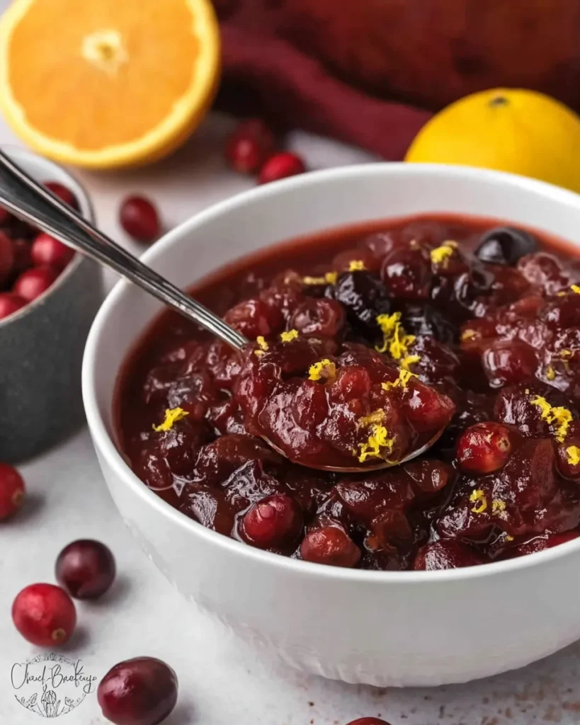 Bowl of cranberry orange sauce with orange zest topping