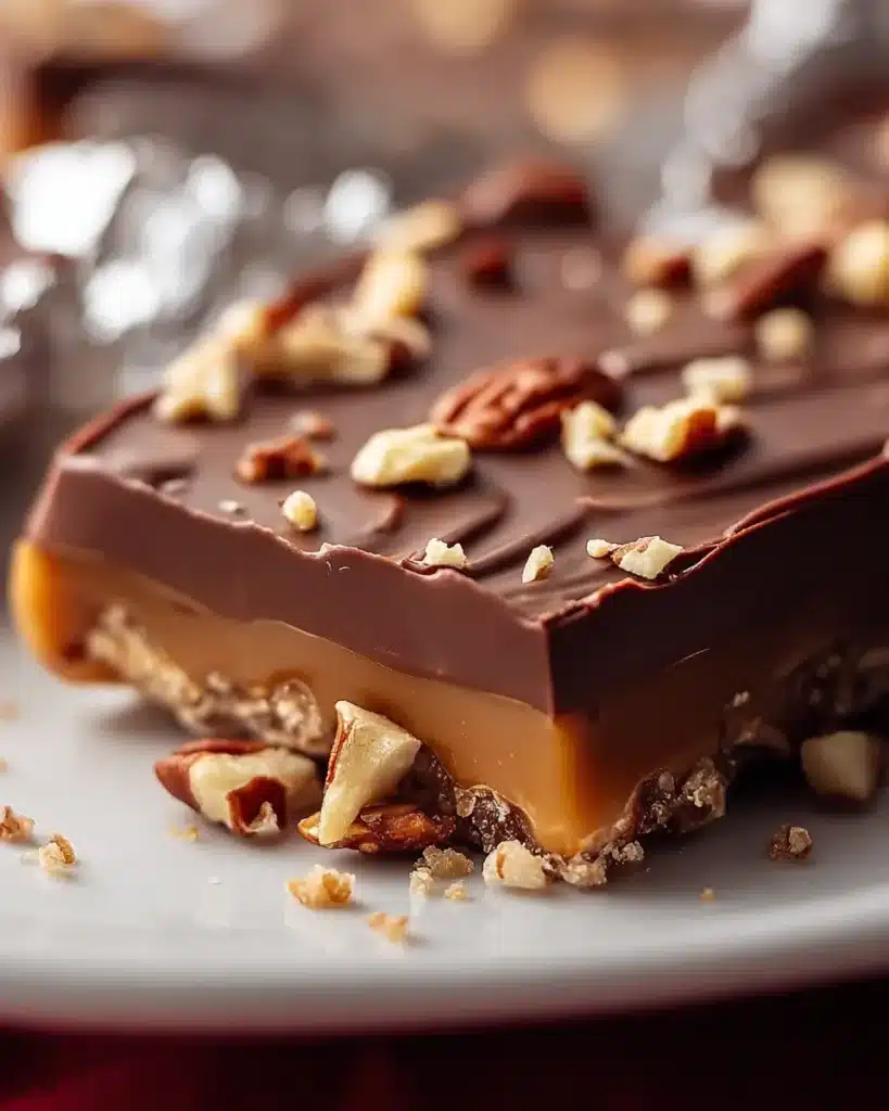 Close-up of homemade Christmas toffee with caramel, chocolate, and pecans