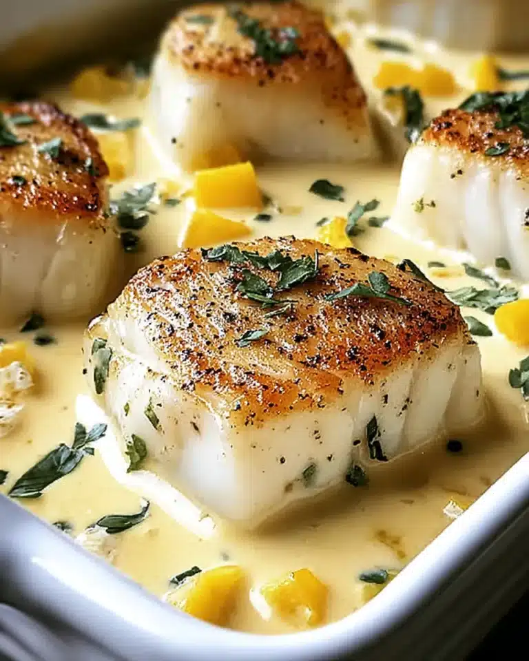 Baked cod fillets in coconut lemon cream sauce with herbs